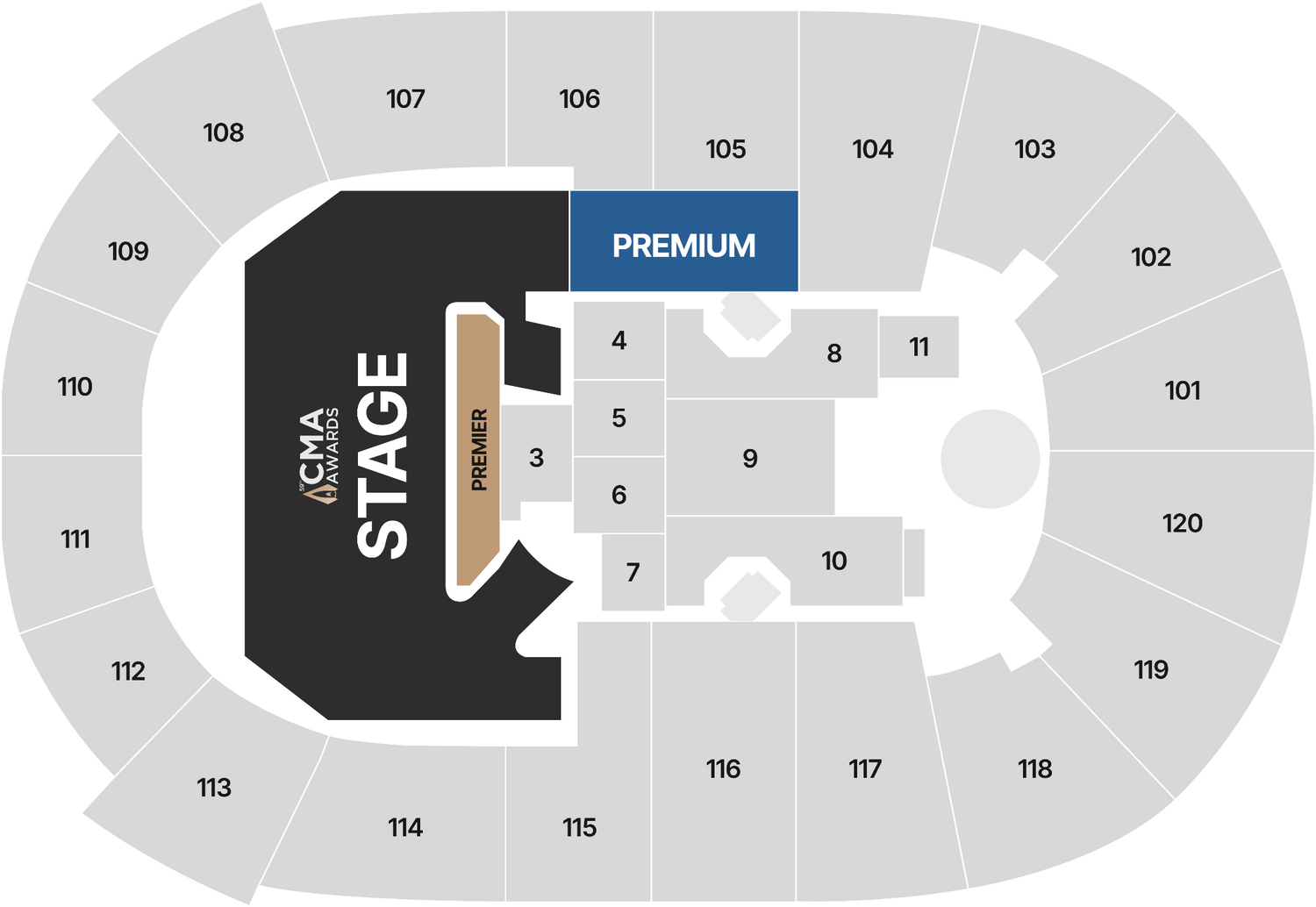 Seating chart for a concert venue with 'CMA Stage' and 'Premier' sections.