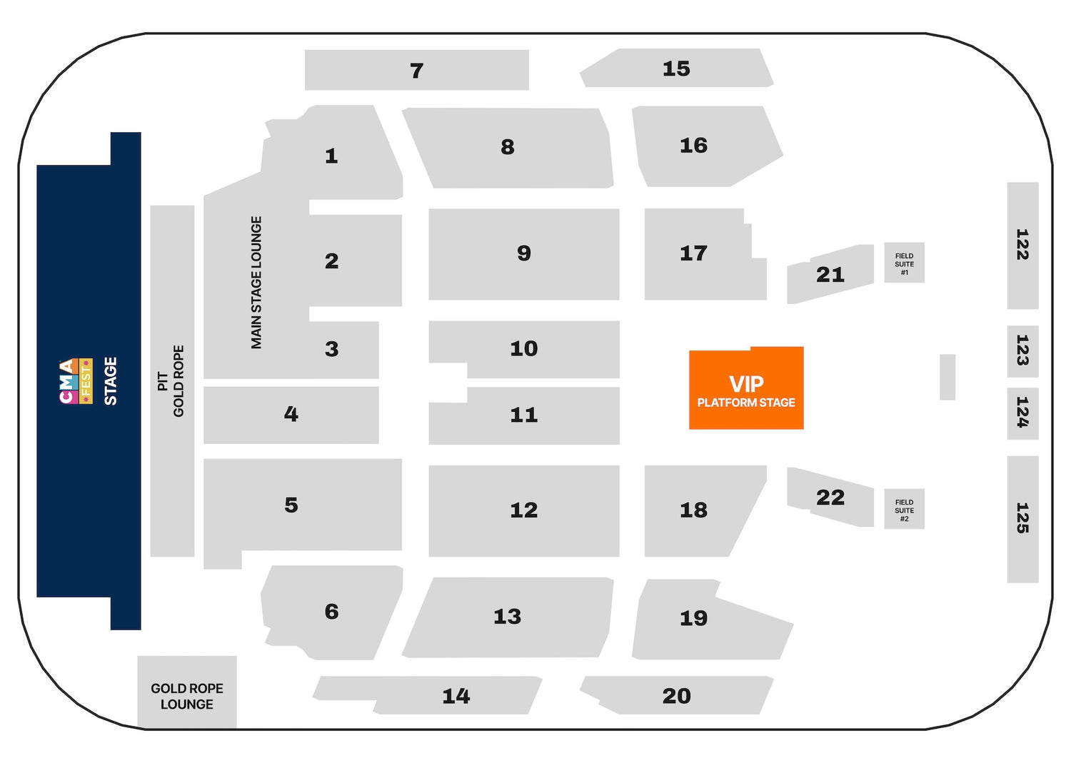 A seat map of Nissan Stadium for CMA Fest with the VIP Platform Stage seating highlighted in middle of the floor. 
